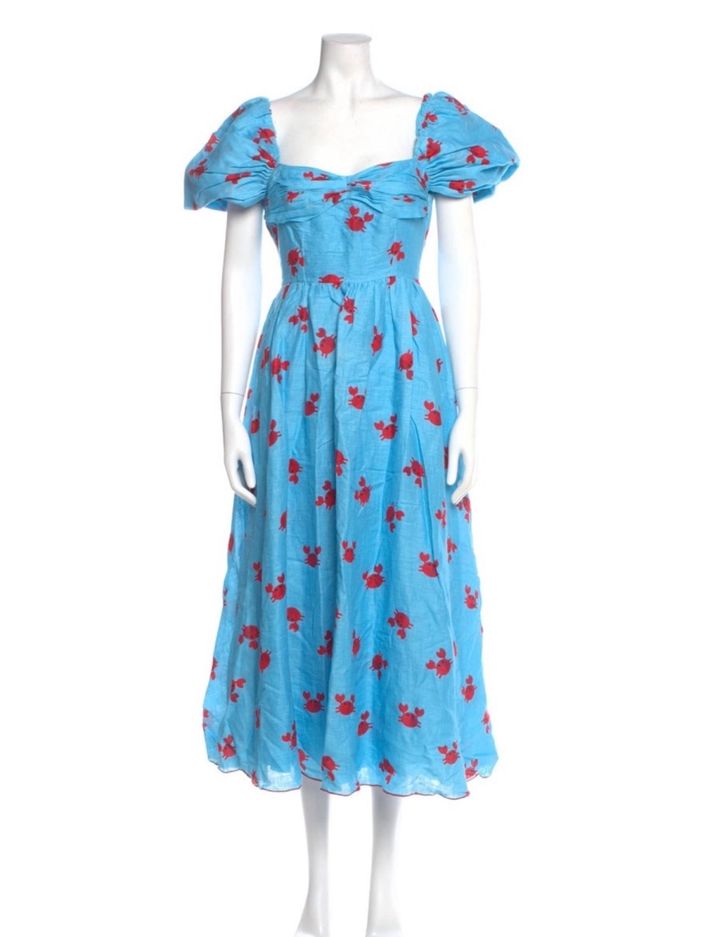 Blue Puff-Sleeve Midi Dress with Red Floral Print